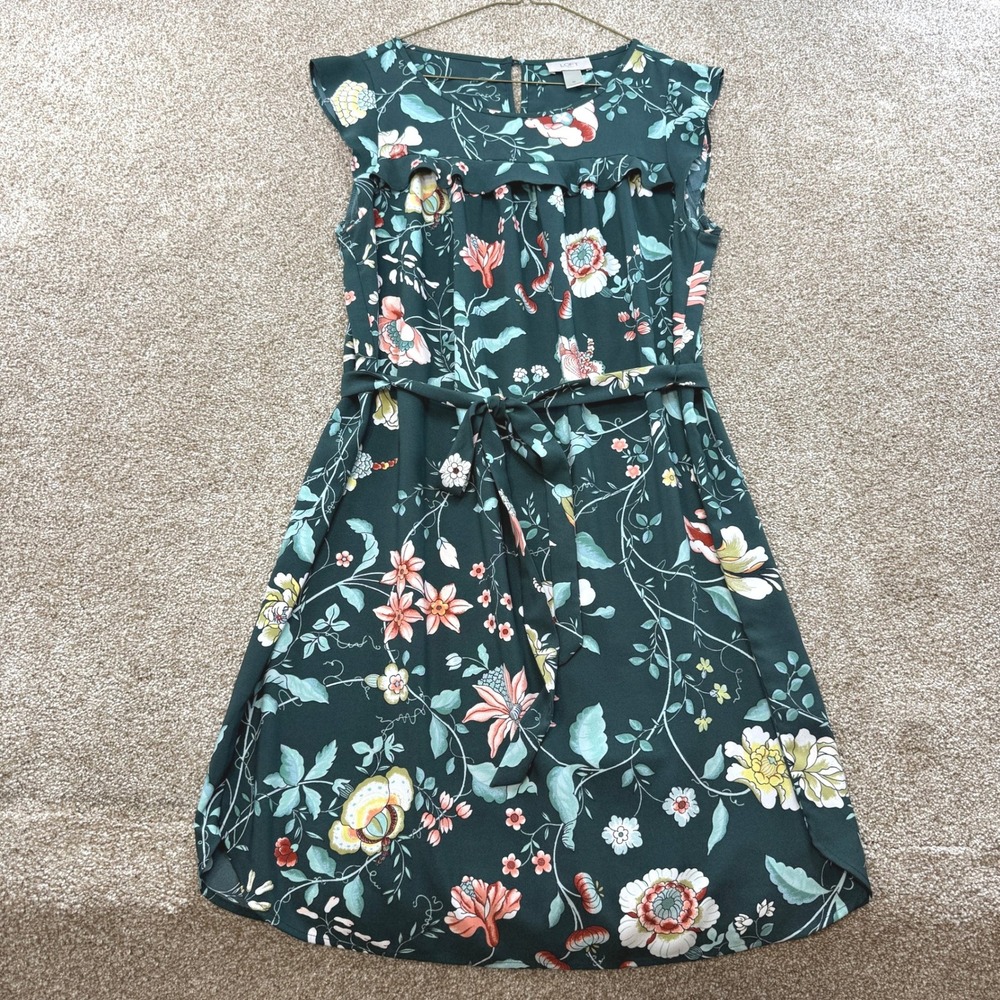 Loft Outlet Green Floral Ruffle Dress Womens M Botanical Wedding Feminine